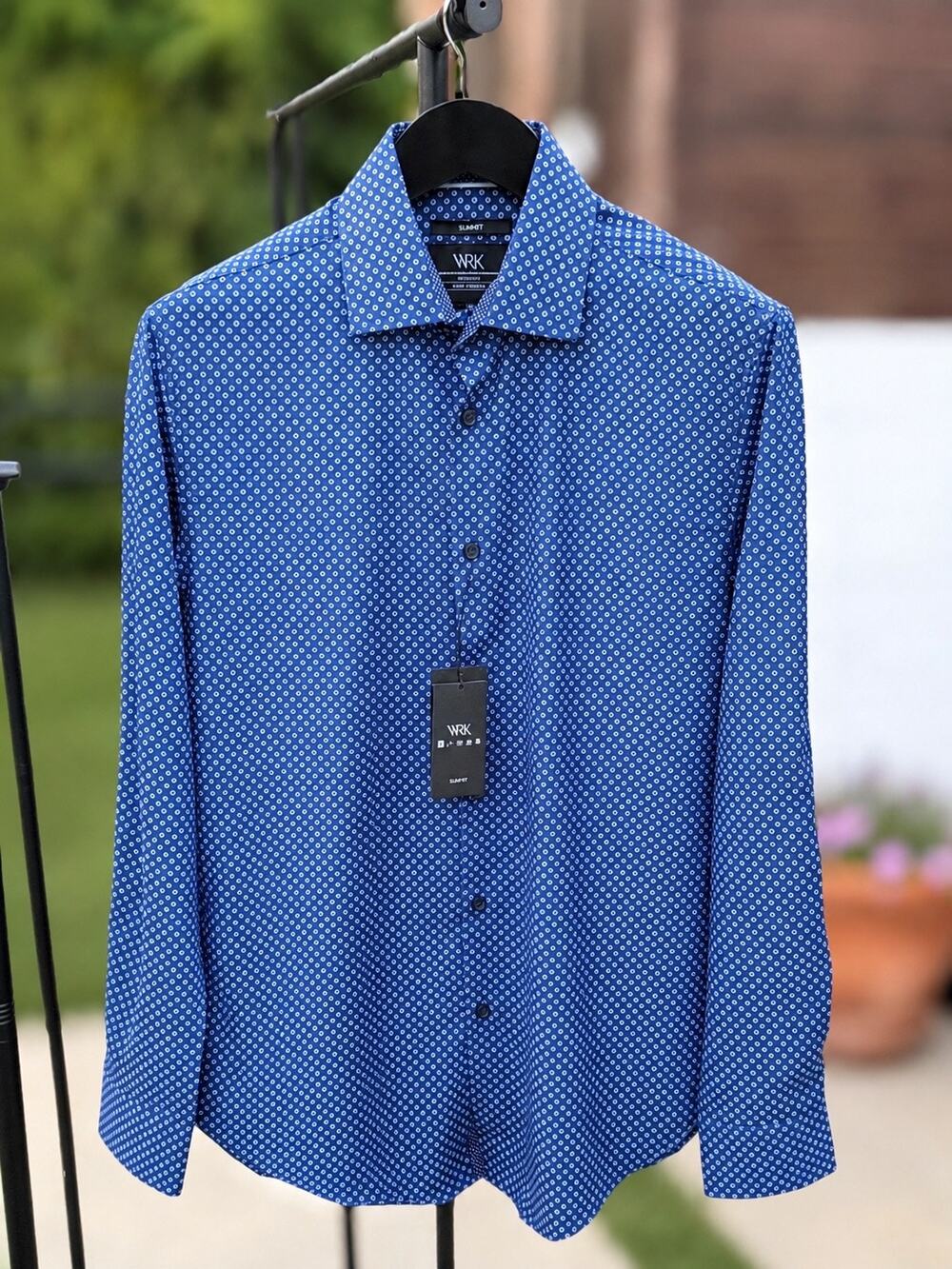 WRK New York Dress Shirt 15.5 Slim Fit Navy Micro Print Stretch NWT $98
